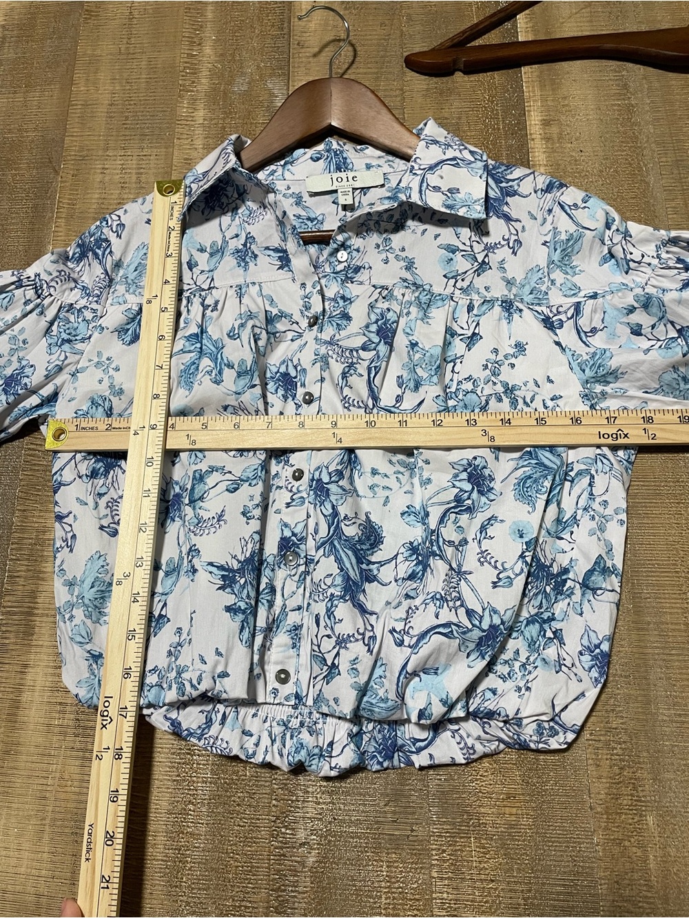 Joie Blue and White Floral Button-Front Puff Sleeve Top - Picture 5 of 5